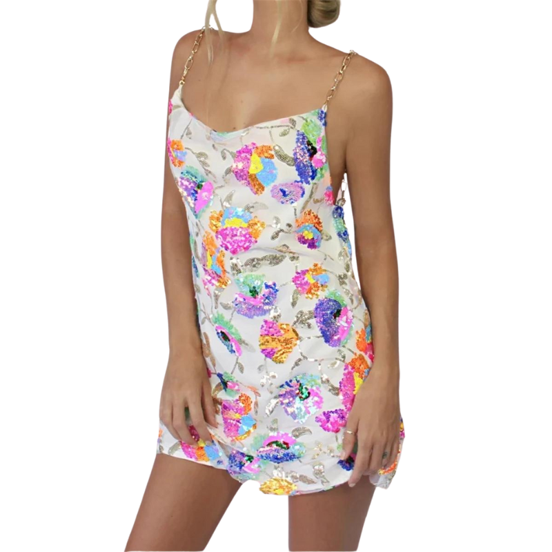 Paillettenkleid mit Rückenausschnitt Blumen Träger Kette