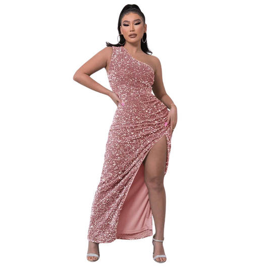 Schlauchkleid mit Pailletten, seitlich geschnitten, ein Schulterfrei