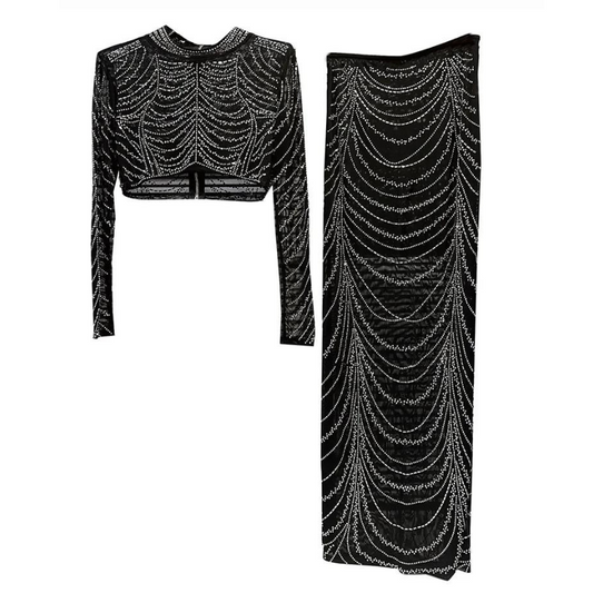 Croc-Top und Rock mit Strass in Schwarz