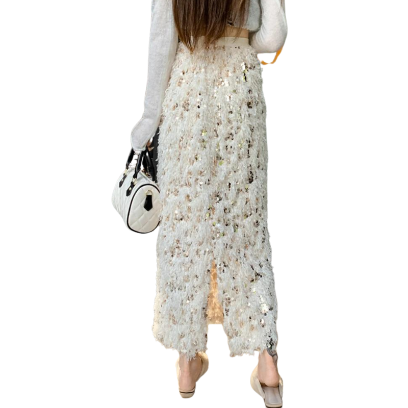 Rock mit Pailletten und Wolle in Beige