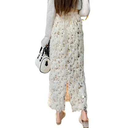 Rock mit Pailletten und Wolle in Beige