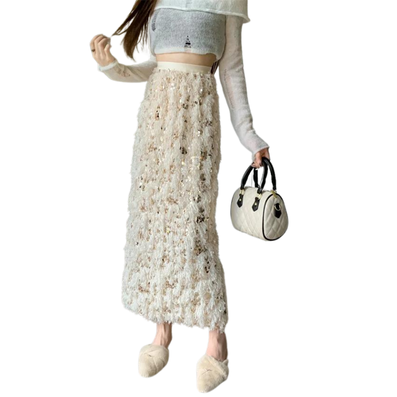 Rock mit Pailletten und Wolle in Beige