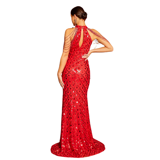 Langes rotes Pailletten-Kleid mit offenem Brustbereich