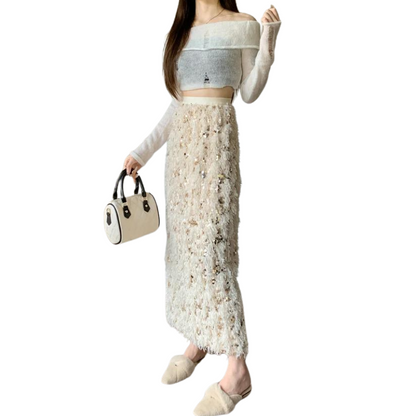 Rock mit Pailletten und Wolle in Beige