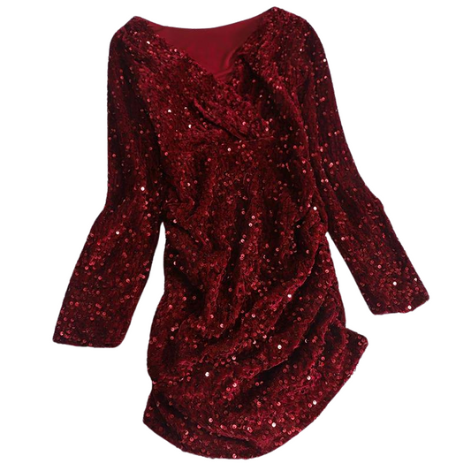 V-Ausschnitt Pailletten Kleid mit langen Ärmeln