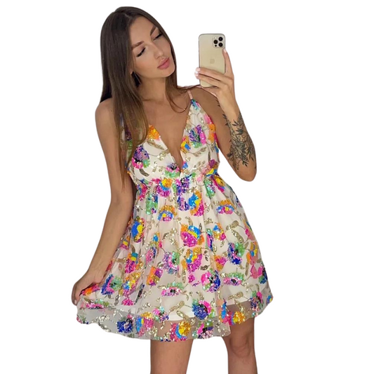 Glitzerndes Kleid mit bunten Blumen und Rückenfreiraum