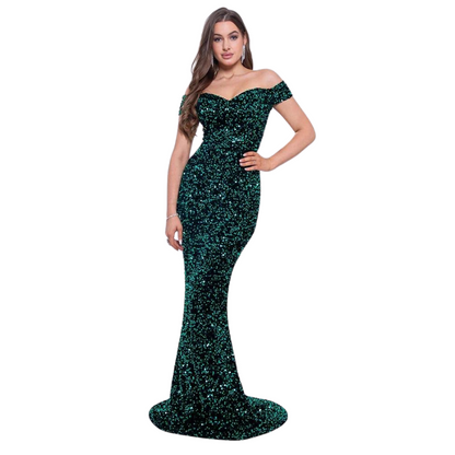 Langärmliges Paillette Kleid mit freier Schulter