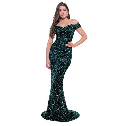 Langärmliges Paillette Kleid mit freier Schulter