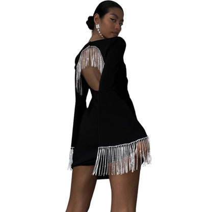 Schwarzes Kleid mit offenen Rücken, Fransen und Strass