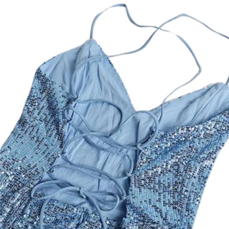 Abendkleid mit Pailletten, lang, mit Schlitz und Trägern