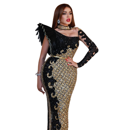 Elegantes Abendkleid mit Pailletten Schwarz Gold