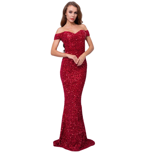 Lang Abendkleid aus Pailletten mit schulterfreiem Design