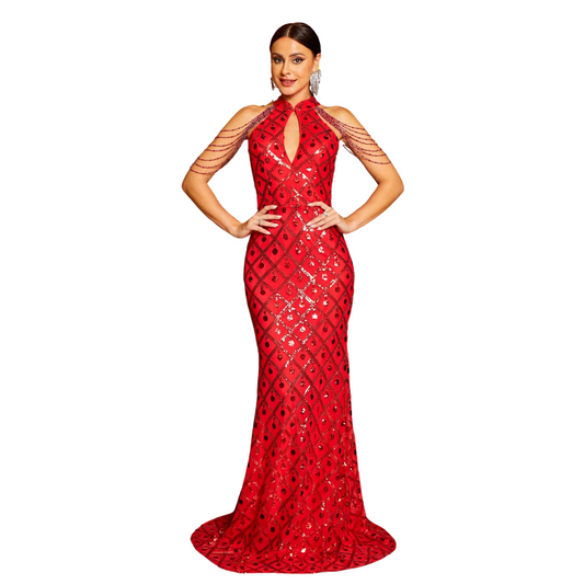 Langes rotes Pailletten-Kleid mit offenem Brustbereich