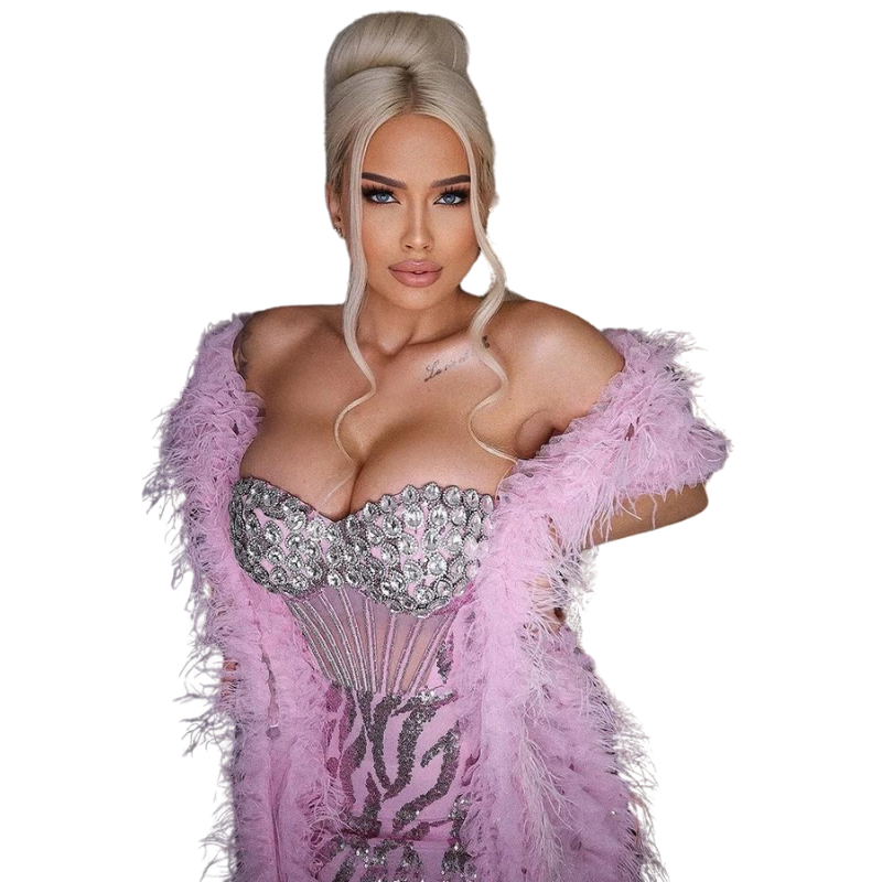 Mini-Kleid in Rosa mit Pailletten, Strass und Federn