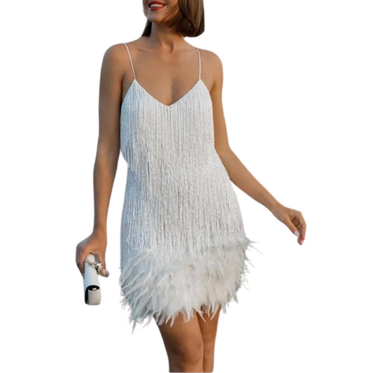 Pailletten-Kleid mit Fransen, Federn