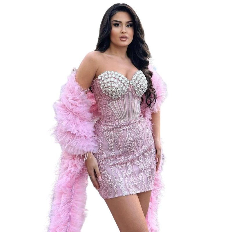 Mini-Kleid in Rosa mit Pailletten, Strass und Federn