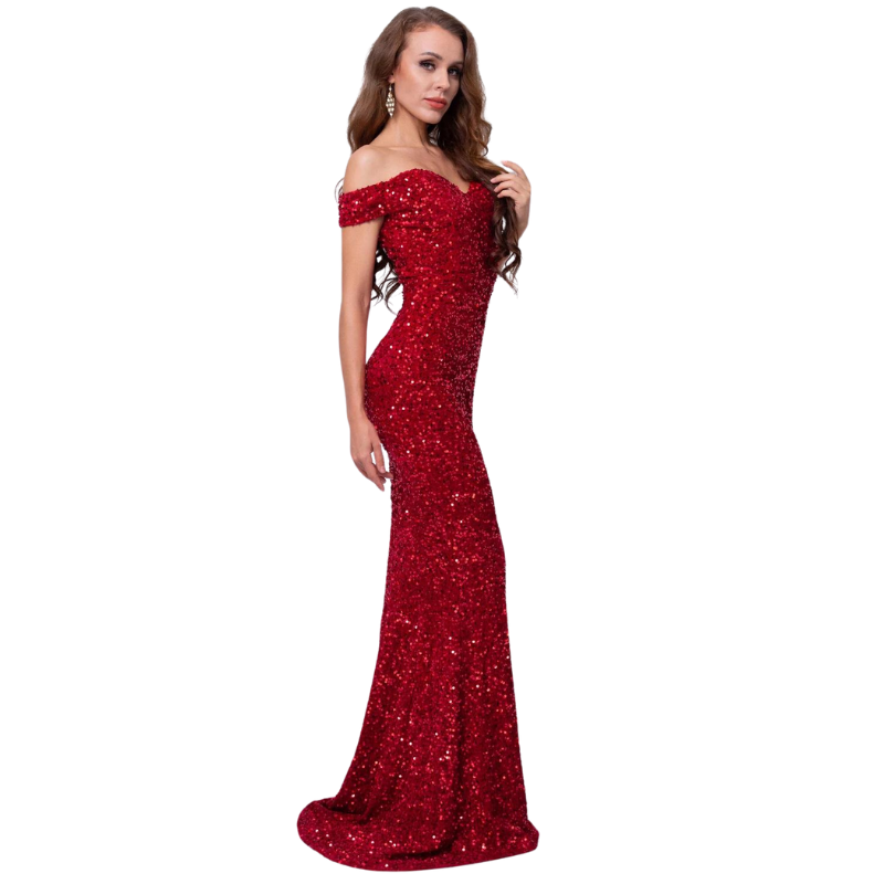 Lang Abendkleid aus Pailletten mit schulterfreiem Design