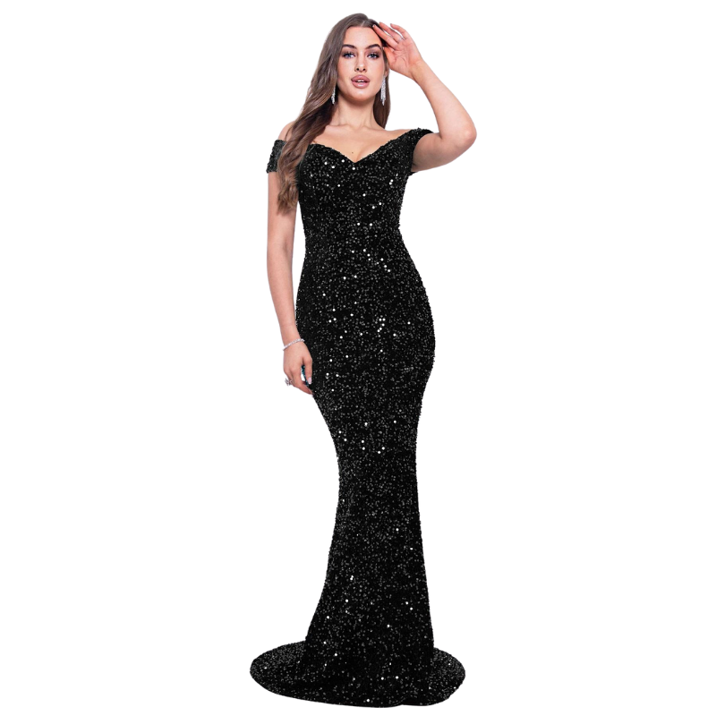 Lang Abendkleid aus Pailletten mit schulterfreiem Design