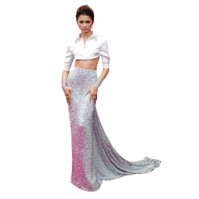 Rock mit Schleppe und silbernen Pailletten
