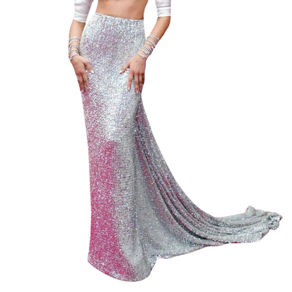 Rock mit Schleppe und silbernen Pailletten