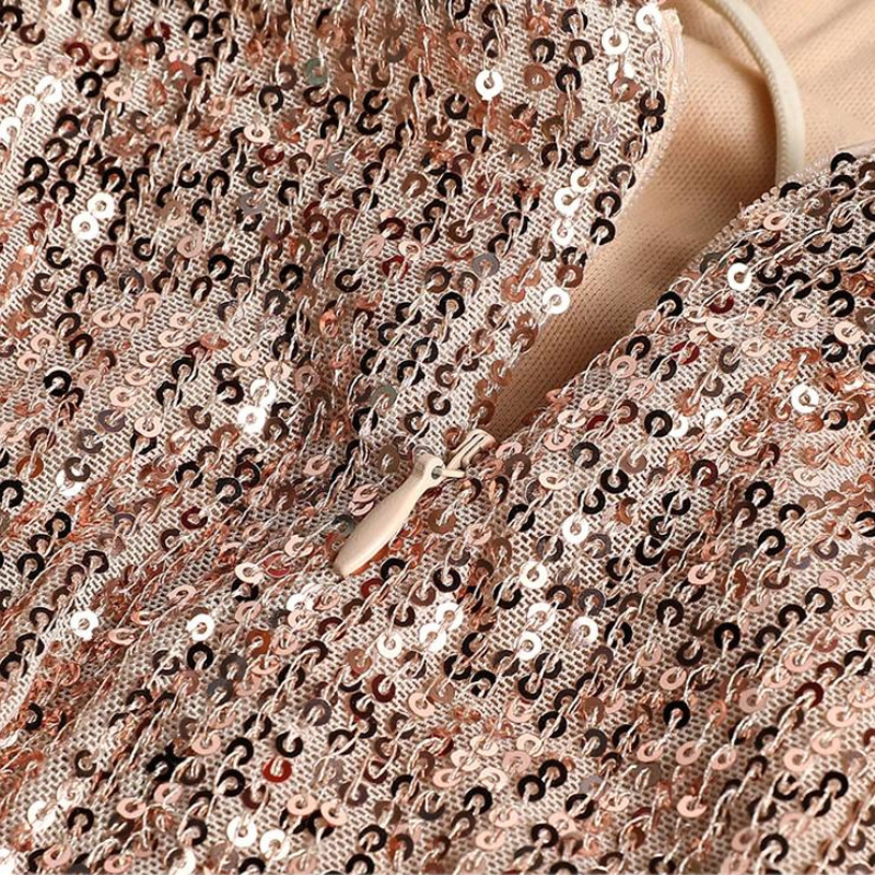 Abendkleid mit Pailletten, lang, mit Schlitz und Trägern