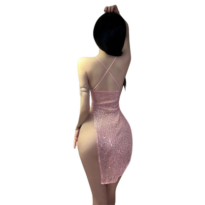 Robe Rose Mit Schlitzen und Pailletten Sexy