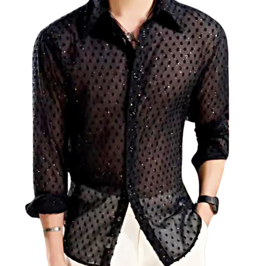 Hemd für Herren mit schwarzen Pailletten und transparentem Design
