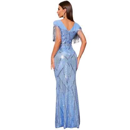 Abendkleid mit Pailletten Blau Schulterfransen