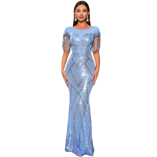 Abendkleid mit Pailletten Blau Schulterfransen