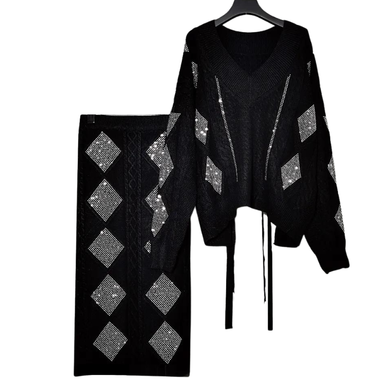Rock und Strickpullover Set mit Strass