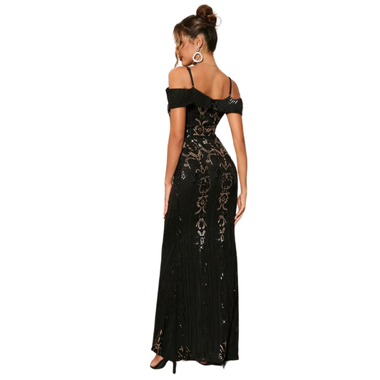 Abendkleid mit Pailletten, schwarzes Schulterfrei
