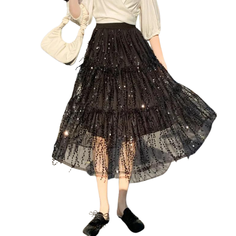 hohe Taille Paillettenkurzrock mit Fransen