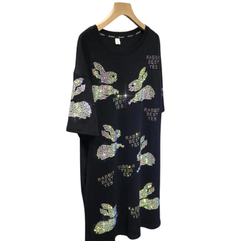 langes Strass-Shirt-Kleid mit Häschen-Design
