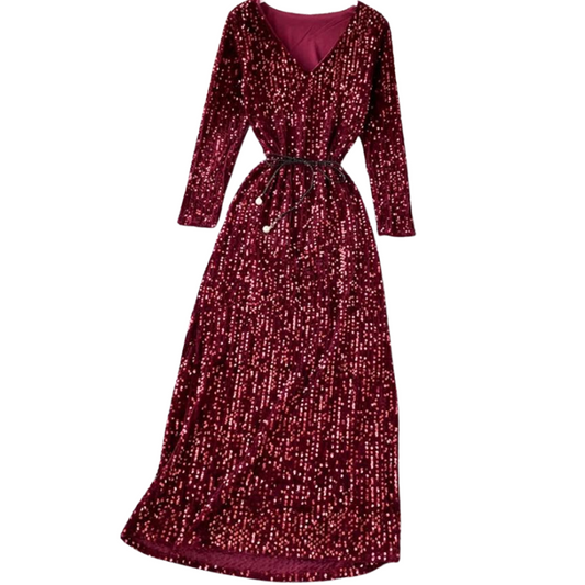 Kleid mit Pailletten, V-Ausschnitt und Schnürung in der Taille