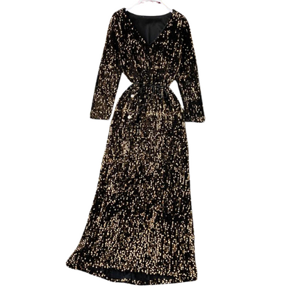 Kleid mit Pailletten, V-Ausschnitt und Schnürung in der Taille