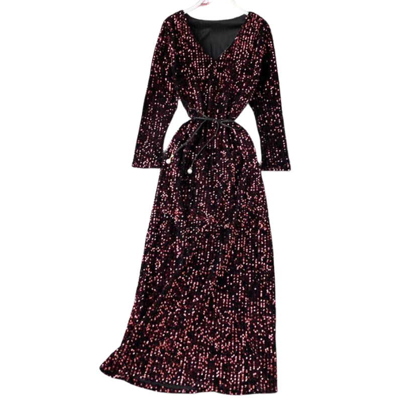 Kleid mit Pailletten, V-Ausschnitt und Schnürung in der Taille