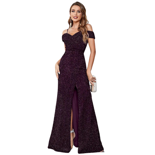 Abendkleid mit Pailletten, Schlitz und Trägern