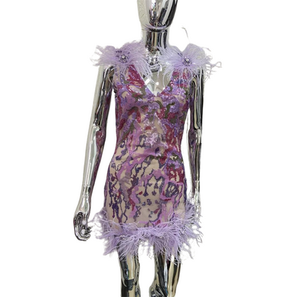 Abendkleid Pailletten Violett Federn