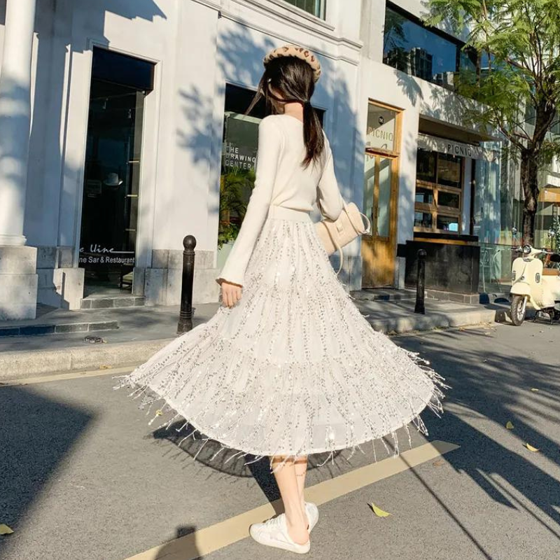 hohe Taille Paillettenkurzrock mit Fransen