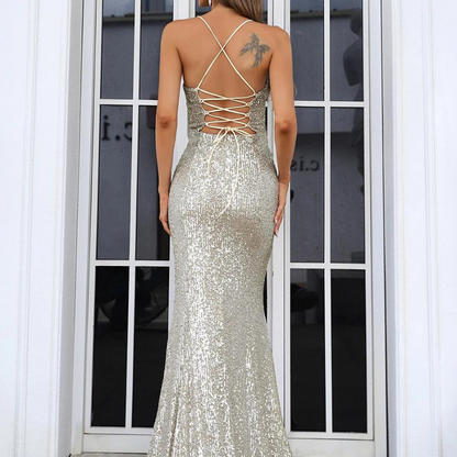 Abendkleid mit Pailletten, lang, mit Schlitz und Trägern