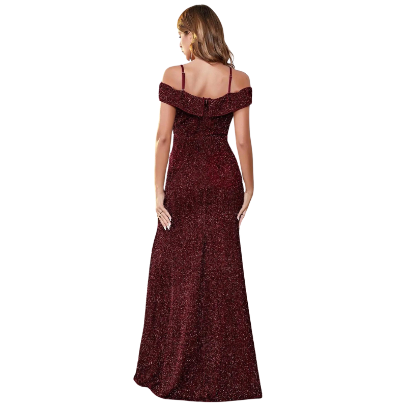 Abendkleid mit Pailletten, Schlitz und Trägern