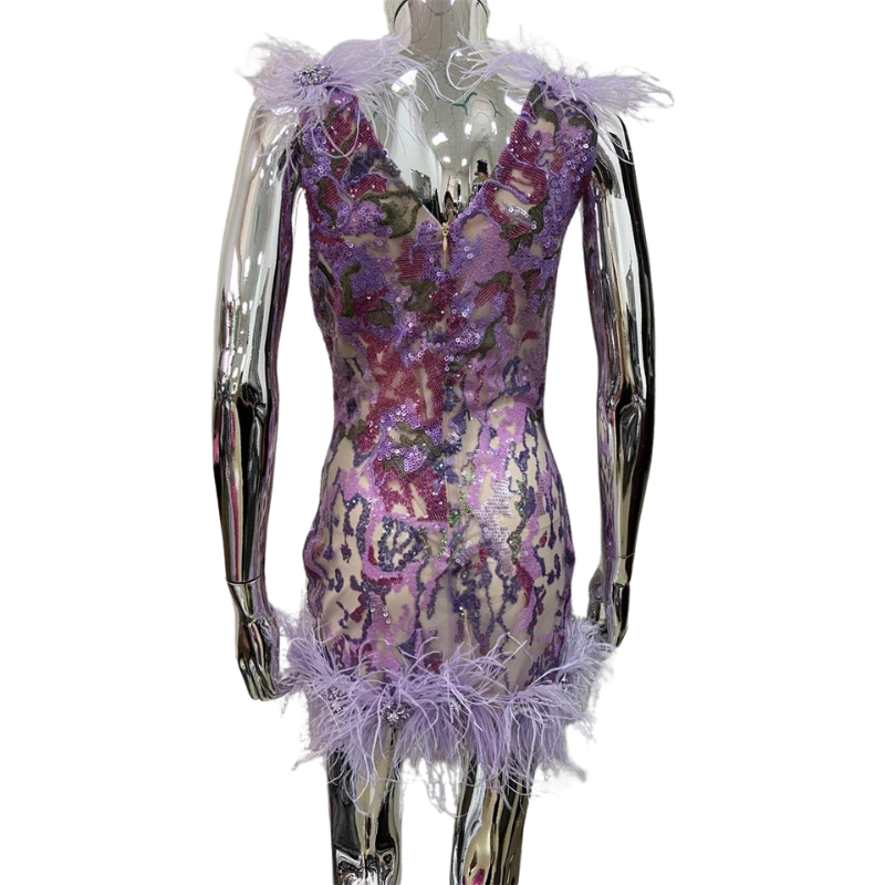 Abendkleid Pailletten Violett Federn