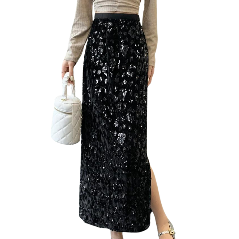 High-Waist Paillette Split Skirt
