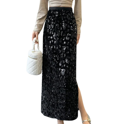 High-Waist Paillette Split Skirt