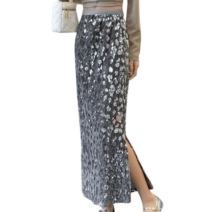 High-Waist Paillette Split Skirt