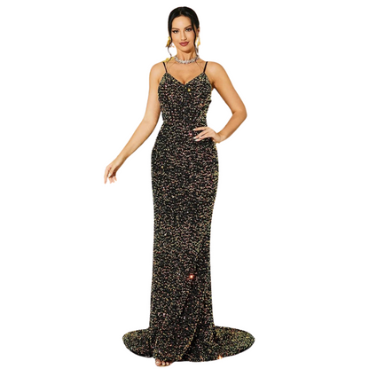Lange schwarze Paillettenkleid mit bunten Akzenten