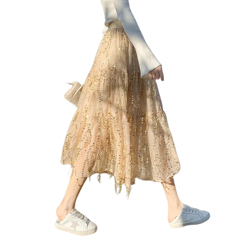 hohe Taille Paillettenkurzrock mit Fransen