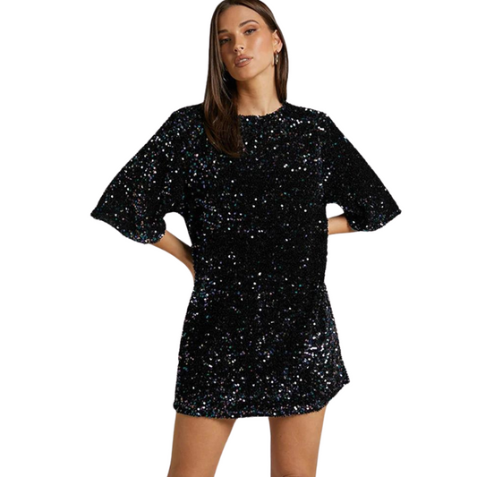Pailletten-T-Shirt-Kleid mit offenem Rücken