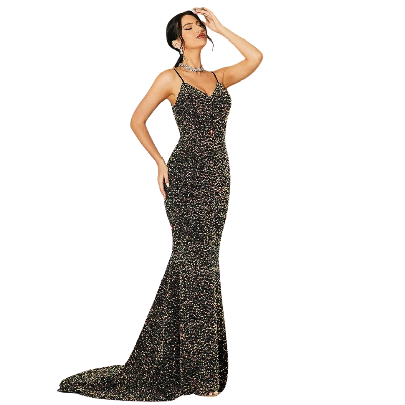 Lange schwarze Paillettenkleid mit bunten Akzenten