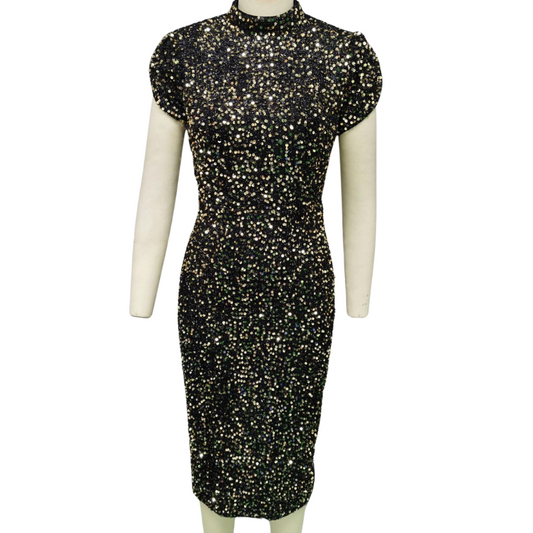 Schwarzes Pailletten-Kleid mit kurzen Ärmeln